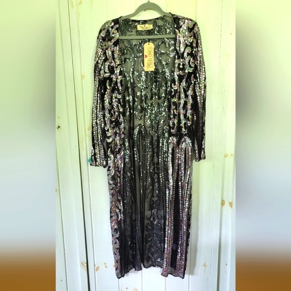 Southern Fried Chicks Nylon Sequin Open Front Longsleeve Duster - Picture 1 of 7